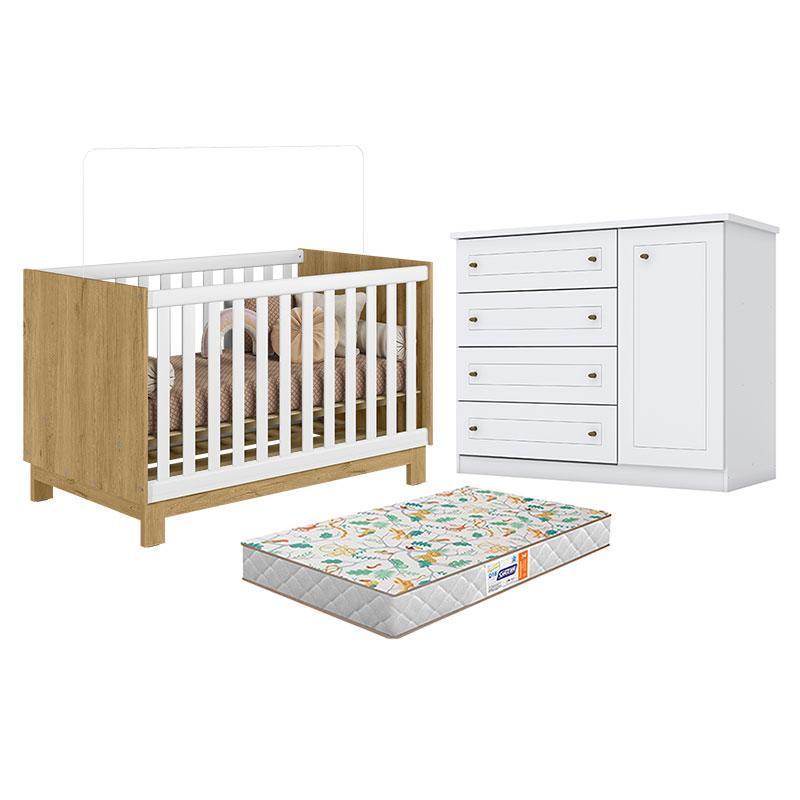 Berço Mini Cama Q Encanto Slim Freijó Branco Acetinado - Qmovi e Cômoda Infantil Branco HP e Colchão Gazin - Henn