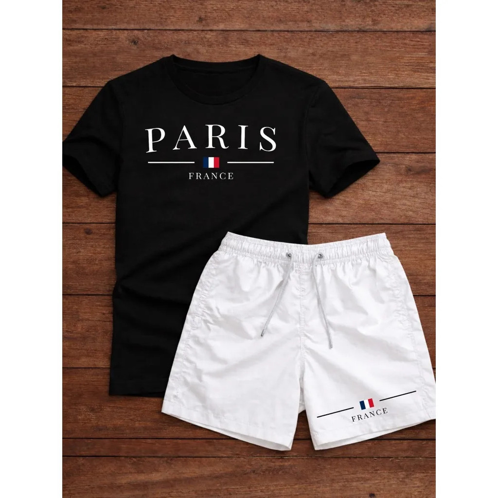 Kit Camiseta E Short Tactel Camisa Masculino Streetwear Moda Short Masculino Paris Italia Lançamento