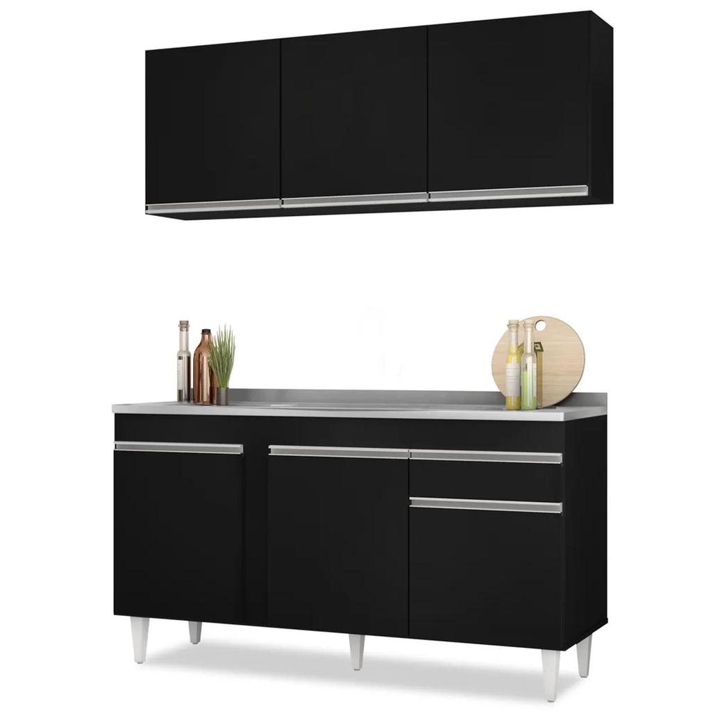 Armário Aéreo Argélia e Balcão Gabinete com Pia Inox 150cm Dakota Preto - Lumil
