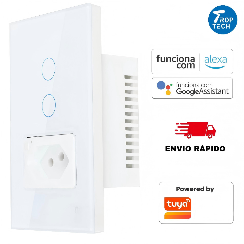 Interruptor Inteligente Wifi 1 e 2 Botões Touch Tomada  Bivolt Smartlife Tuya Panda Plus Alexa Google Comando Voz Trop