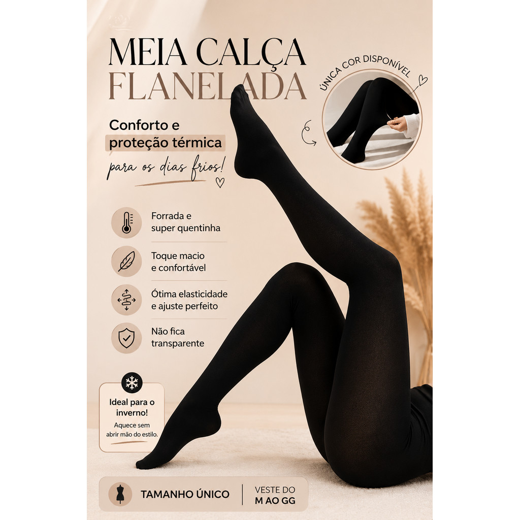 Meia-Calça Térmica Forrada Peluciada Preta de Lã Feminina Super Elástica com pé forrada grossa 36 a 44 COR Preta
