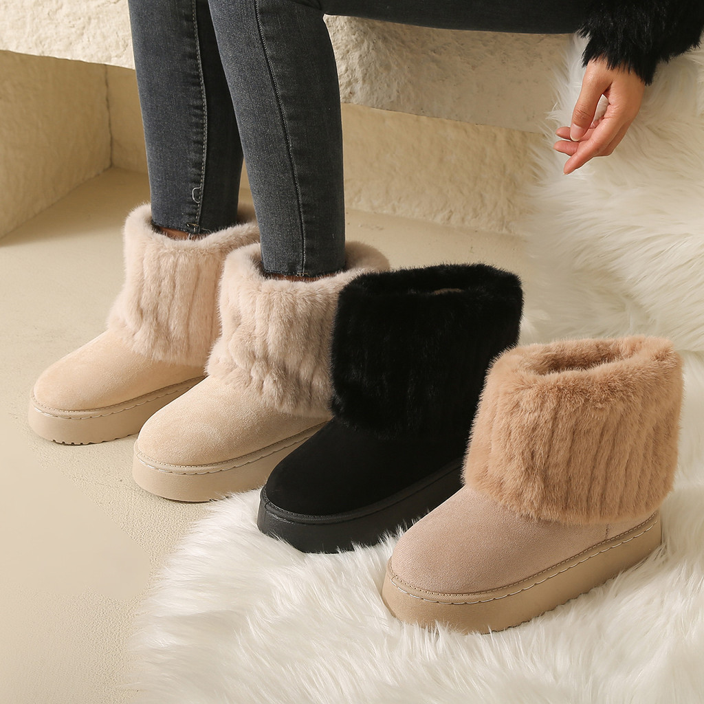 Botas de Neve Femininas de Pelúcia, Moda, Bico Redondo, Quentes, Casuais, Plataforma, Calçados de Inverno DTHE