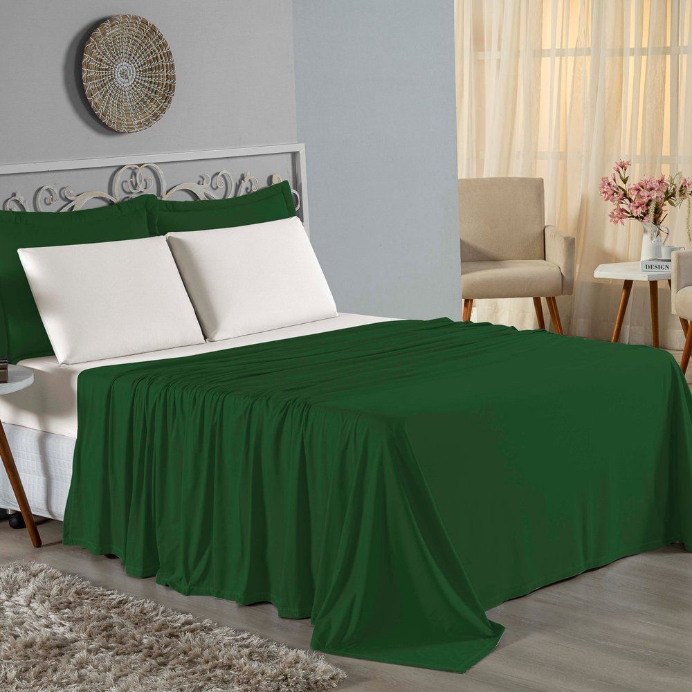 Jogo de Cama Solteiro Nobre 3 Peças Lençol com Elástico de 30cm de Altura Malha 100% Algodão - Verde-Bandeira / Palha