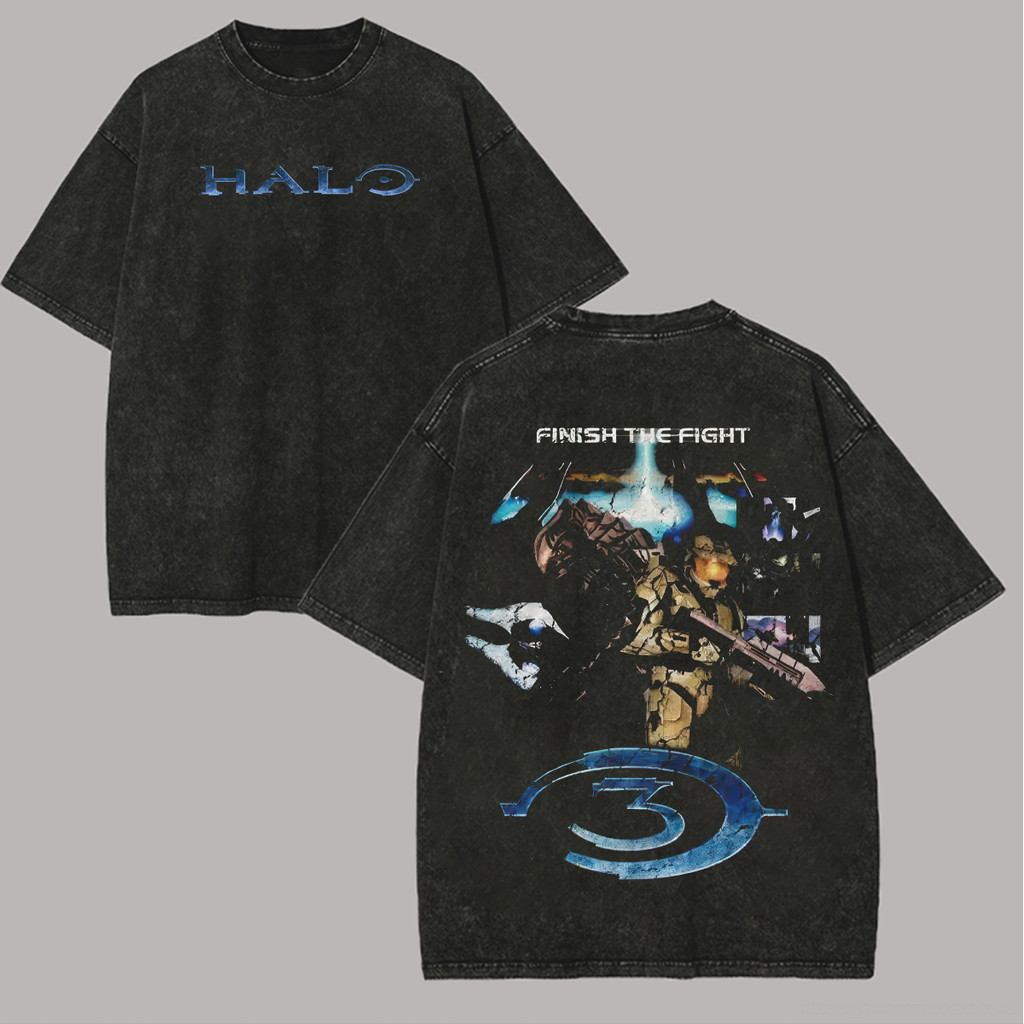 Camiseta Preta Unisex de Alta Qualidade, Design com Imagens do Jogo "HALO" e Letras "HALO", Estilo de Jogos Eletrônicos