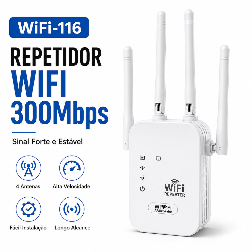 Repetidor WiFi 300Mbps 4 Antenas Amplificador de Sinal Wireless Extensor de Rede Bivolt