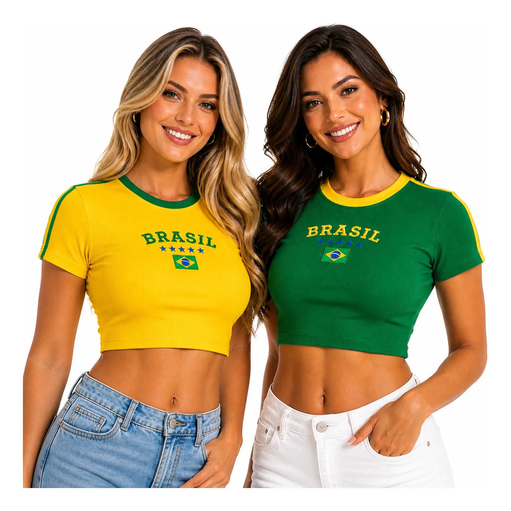 Camiseta Cropped Brasil Canelado Bordado Baby Look Torcida Estiloso Top Feminino Blusinha Copa 2026 Trend Seleção Hexa