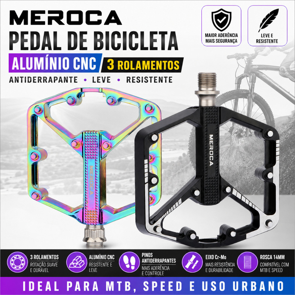 MEROCA Pedal Bicicleta Alumínio CNC 3 Rolamentos Antiderrapante Leve MTB Speed Eixo Cr-Mo Rosca 14mm Resistente Ciclismo