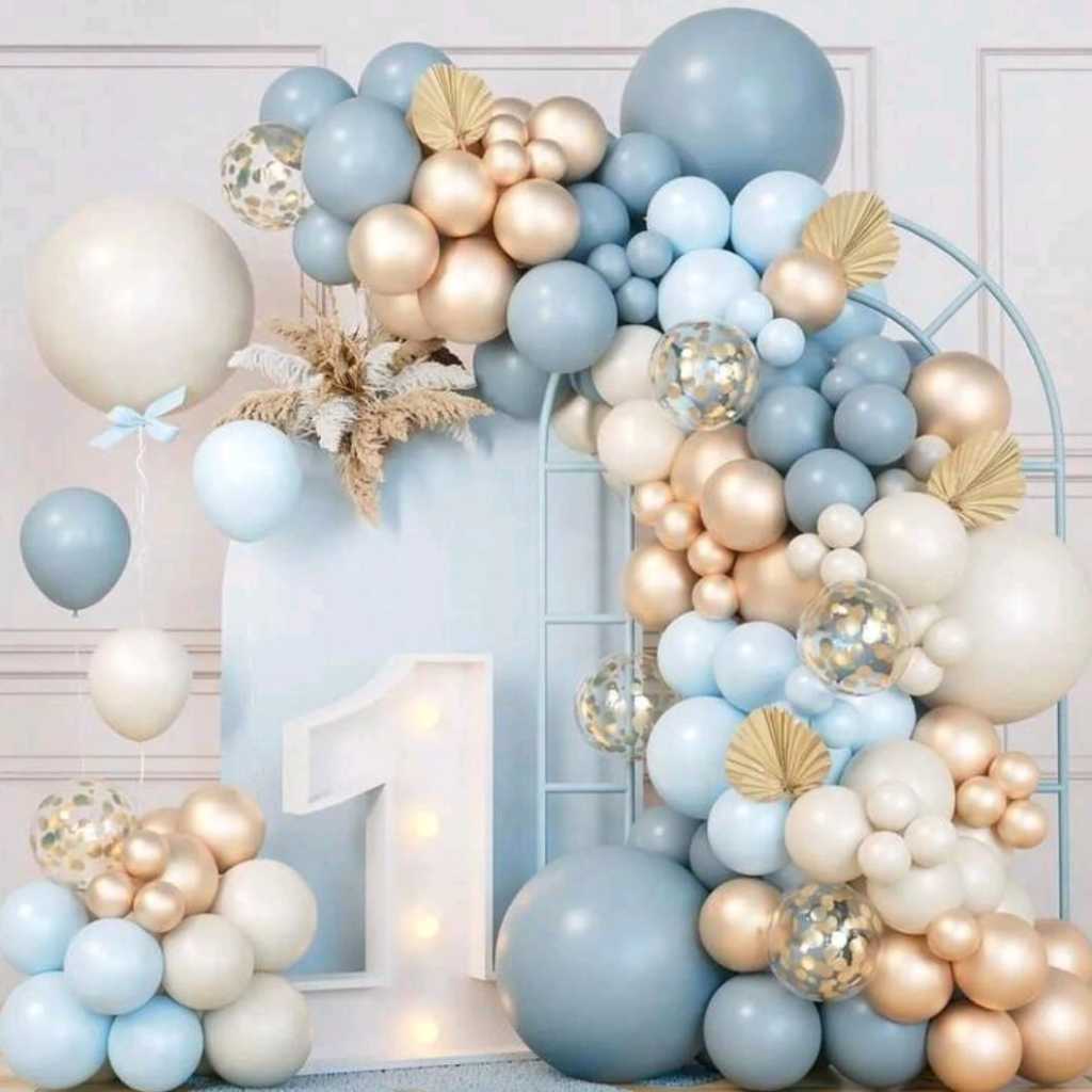 Kit 135 Balões Festa Luxo Azul Acinzentado Dourado Champanhe Cromado Arco Desconstruído Balão Candy Pastel Aniversario