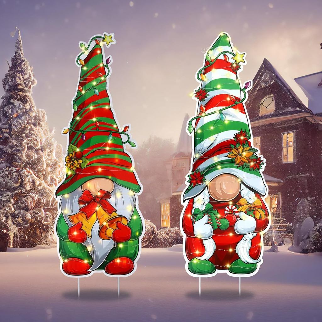 2 Peças de Decorações de Natal de 32 Polegadas, Gnomos Iluminados para Exterior, Estacas Decorativas para Jardim, Grande