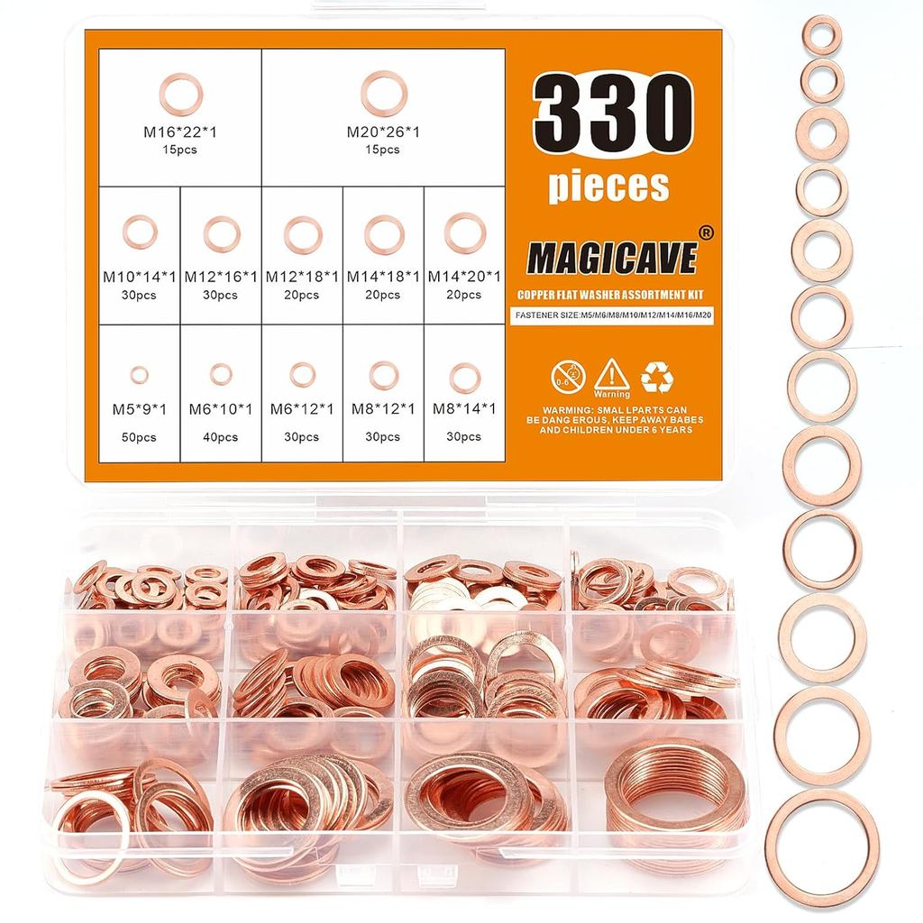 Kit de 330 Arruelas de Cobre – 12 Tamanhos de Arruelas de Vedação Planas (M5-M20) para Uso Automotivo, Hidráulico e Mecâ