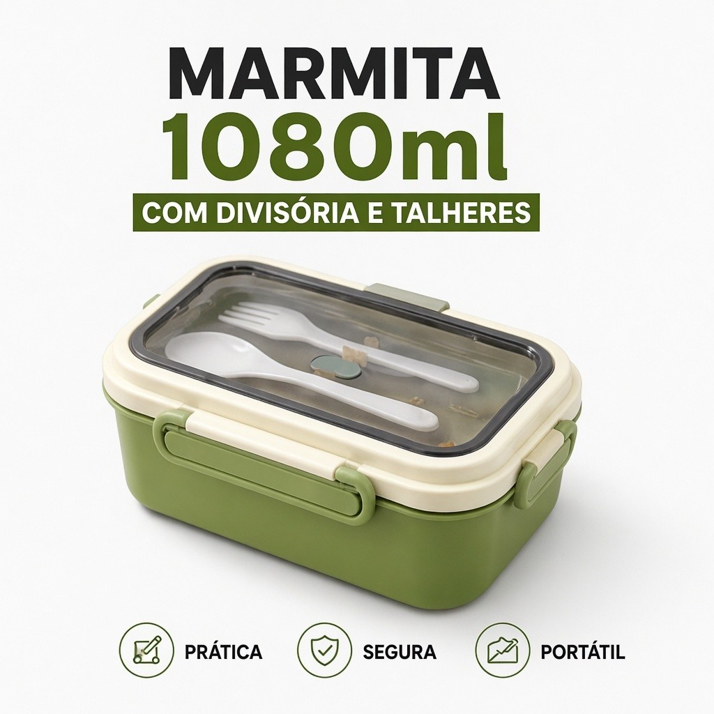 Marmita 1080ml com Divisória Talheres Pote Porta Alimentos Lancheira Marmita Para Trabalho e Escola
