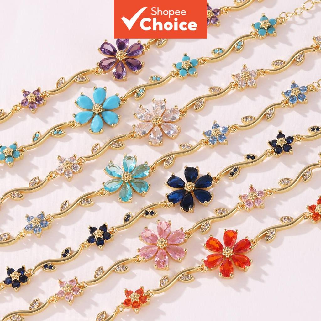 Nova Pulseira de Pedras Turquesa Multicolorida com Cristais Ajustáveis Banhada a Ouro 18K, Design Floral, Joia Feminina