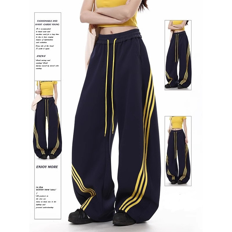 American Street listrado calças de moletom de perna larga feminino verão novo estilo três barras Machete solto dança cal