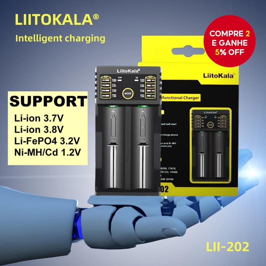  LiitoKala li-202 carregador para baterias 18650, 26650, 16340, 14500 com entrada 5V2A