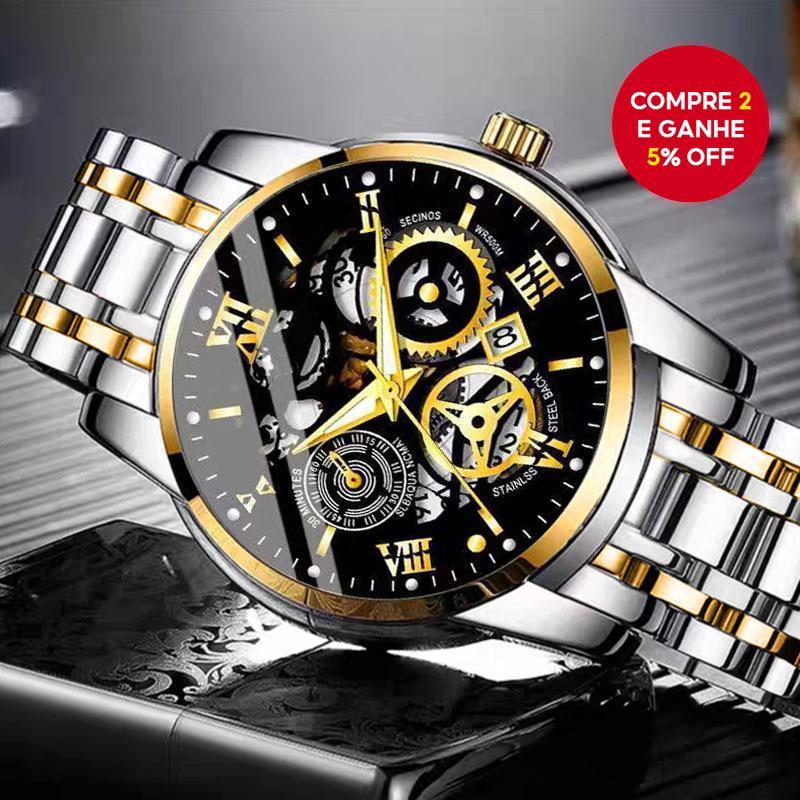 Relógio Masculino Automático de Quartzo com Visor Esqueleto Dourado e Display Luminoso - Relógio de Negócios Premium