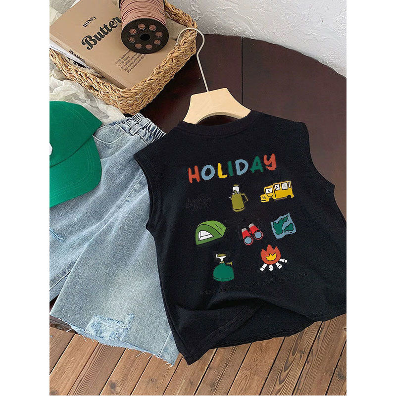 Meninos meninas crianças roupas de verão puro algodão em torno do pescoço colete camiseta novo estilo sem mangas criança