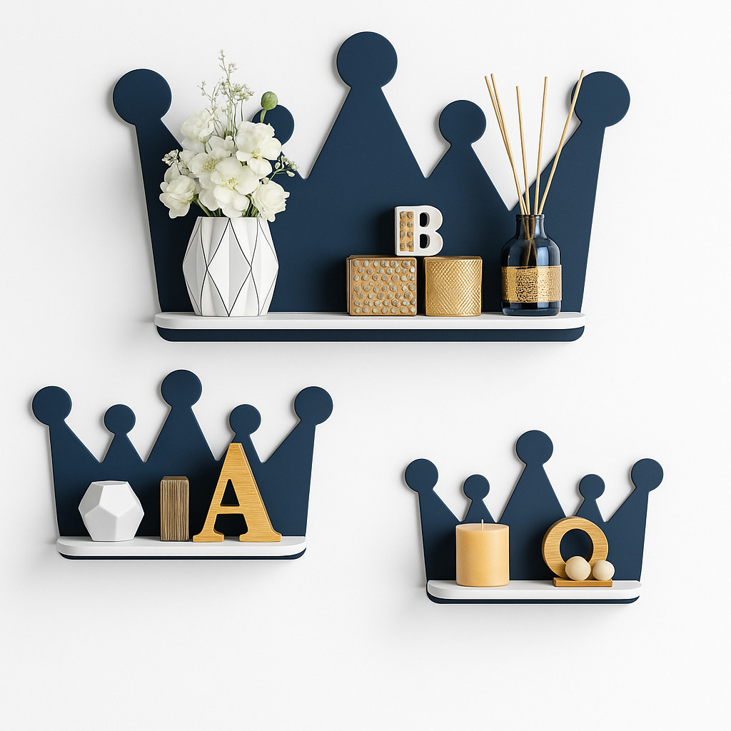 Prateleira Coroa Decorativa MDF Laminado – Kit com 3 Tamanhos para Quarto Infantil