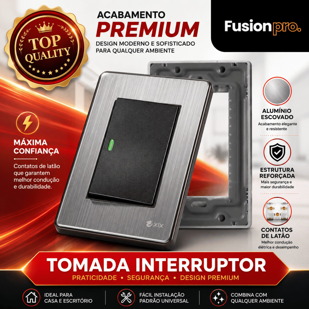 Interruptor Modular Fusion Pro Moderno xlx Alumínio Escovado Tecla G Unipolar Bipolar 4x2 Anti Chama