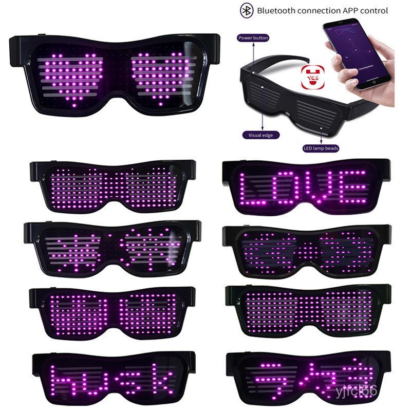 Óculos de festa LED controlados por aplicativo Bluetooth, suportam idiomas personalizados, carregamento USB de 5V, óculo