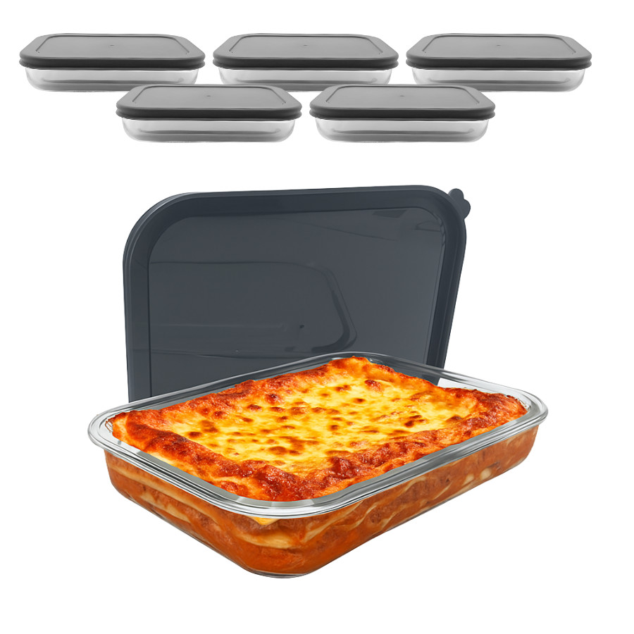 Kit 5 Travessa Assadeira De Vidro Com Tampa Hermética Retangular Forno Microondas 2,2L