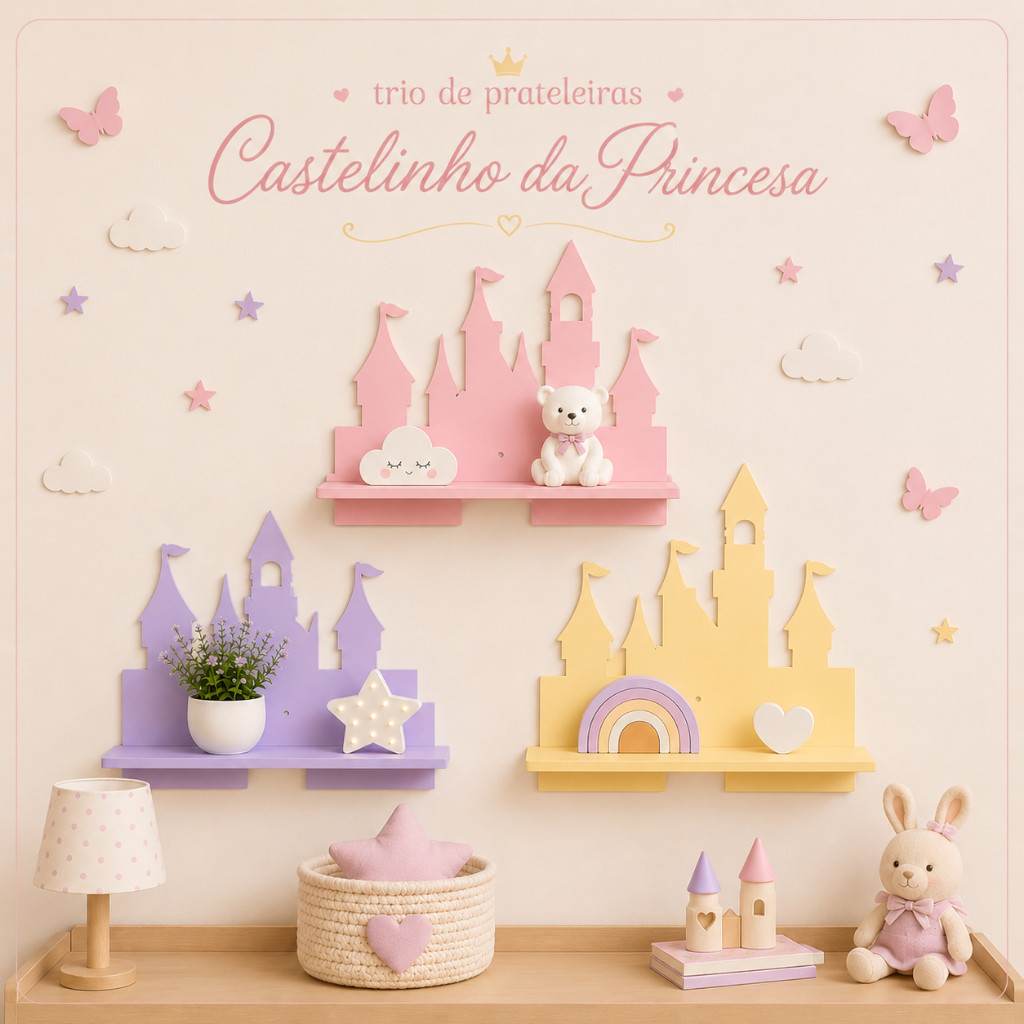 KIT COM 3 Prateleiras Castelo Infantil Decorativa MDF Laminado | Nicho Parede Quarto Menina e Bebê