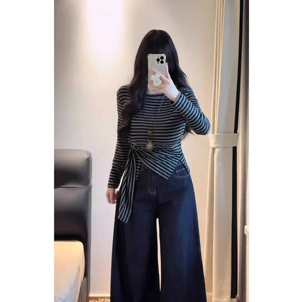 Tamanho grande gordura mm temperamento estilo preguiçoso listrado manga comprida camiseta feminina outono novo estilo ci