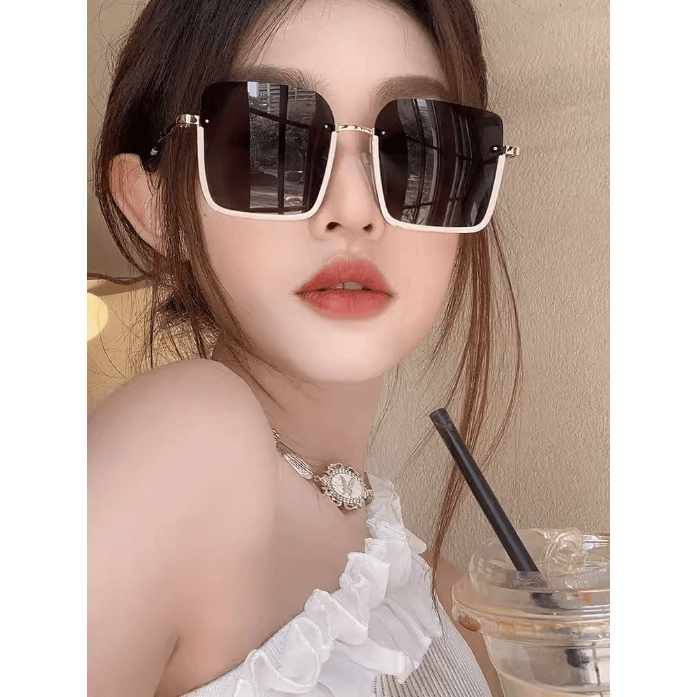 High-End sentir feminino branco meia armação protetor solar óculos de sol quadrado rosto redondo rosto fino Anti-ultravi