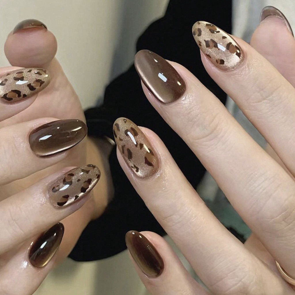 24 peças de unhas postiças com estampa de onça e efeito olho de gato, brilhantes e elegantes, unhas curtas em formato de