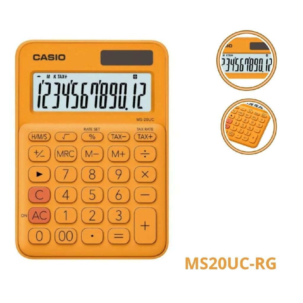 Calculadora Casio MS-20UC-RG Laranja 12 Dígitos Solar e Bateria Display Grande Mesa Escritório Escola Comércio
