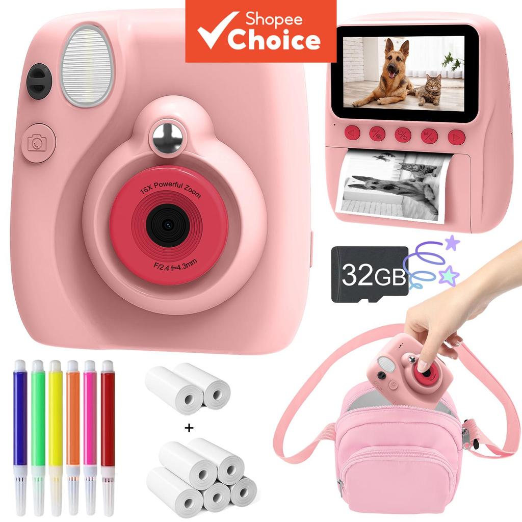 Câmeras Digitais Instantâneas para Crianças, 2.4 HD Câmera Infantil 1080P com 5 Rolos de Papel para Impressão, Cartão
