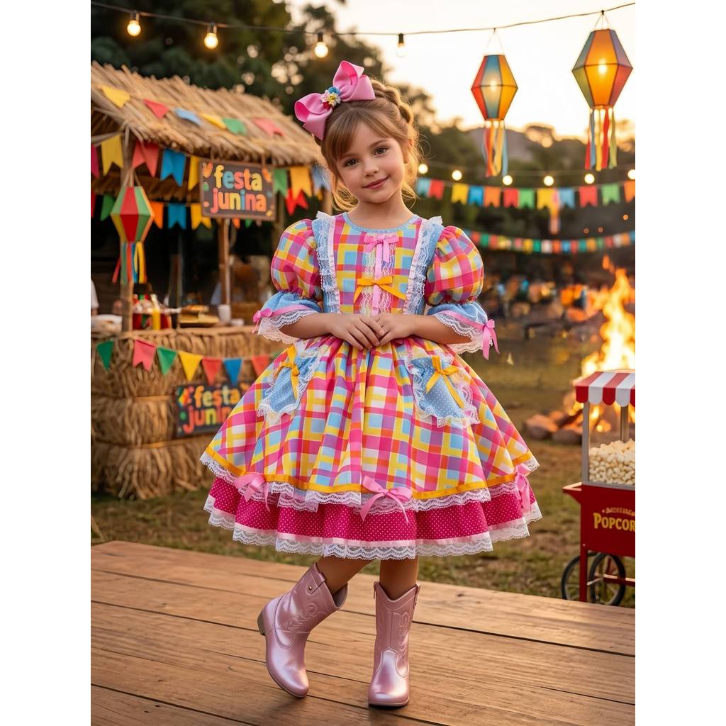Vestido Infantil Junino Arraia Festa Azul Xadrez Colorido