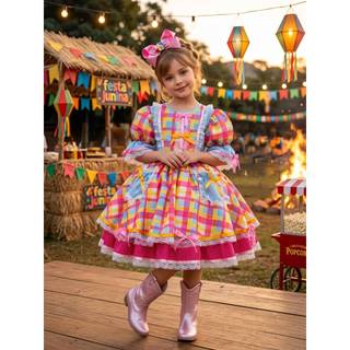 Vestido Infantil Junino Arraia Festa Azul Xadrez Colorido