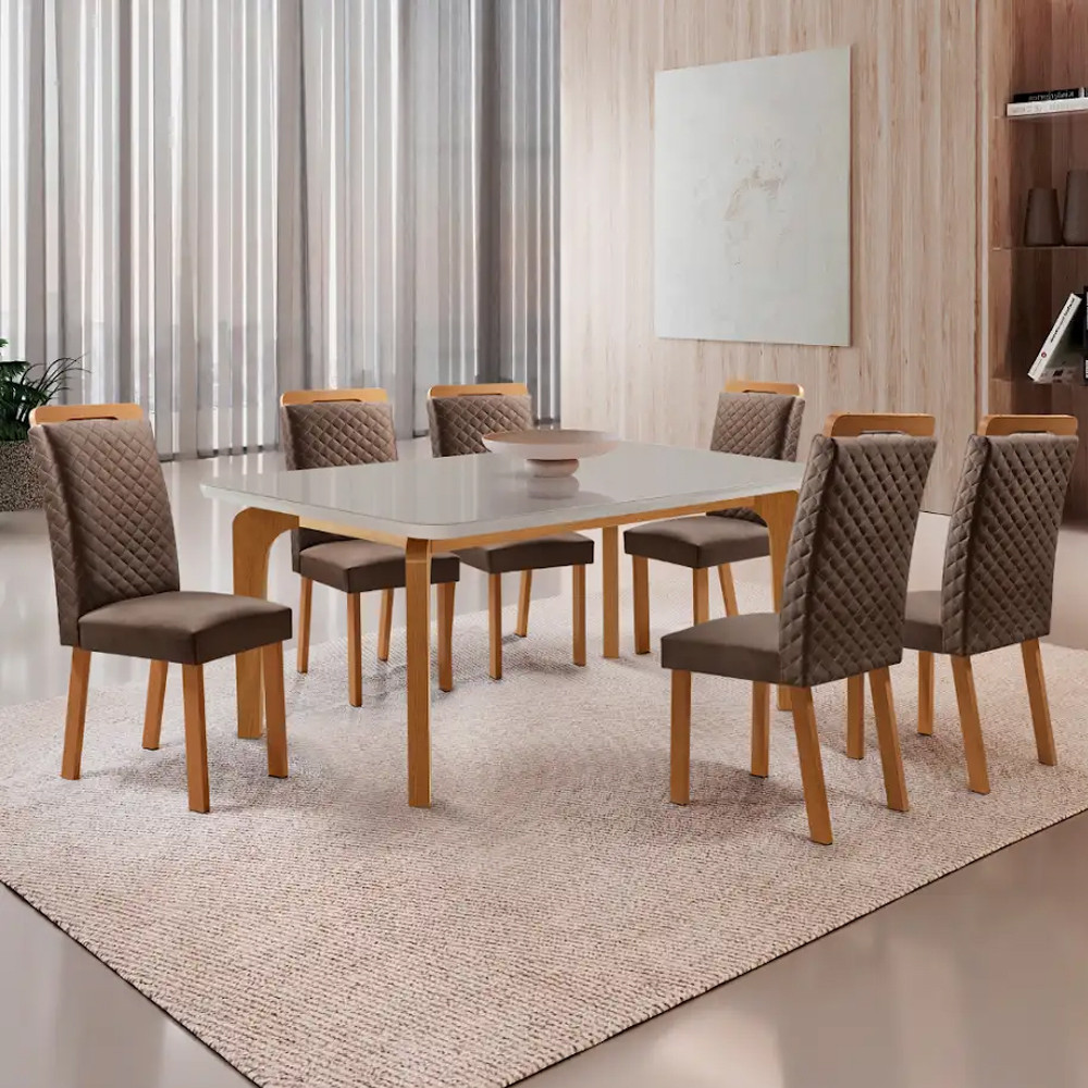 Mesa de Jantar Liz 180cm Tampo MDF Vidro Canto Copo com 6 Cadeiras Lorena Moderna Mobília