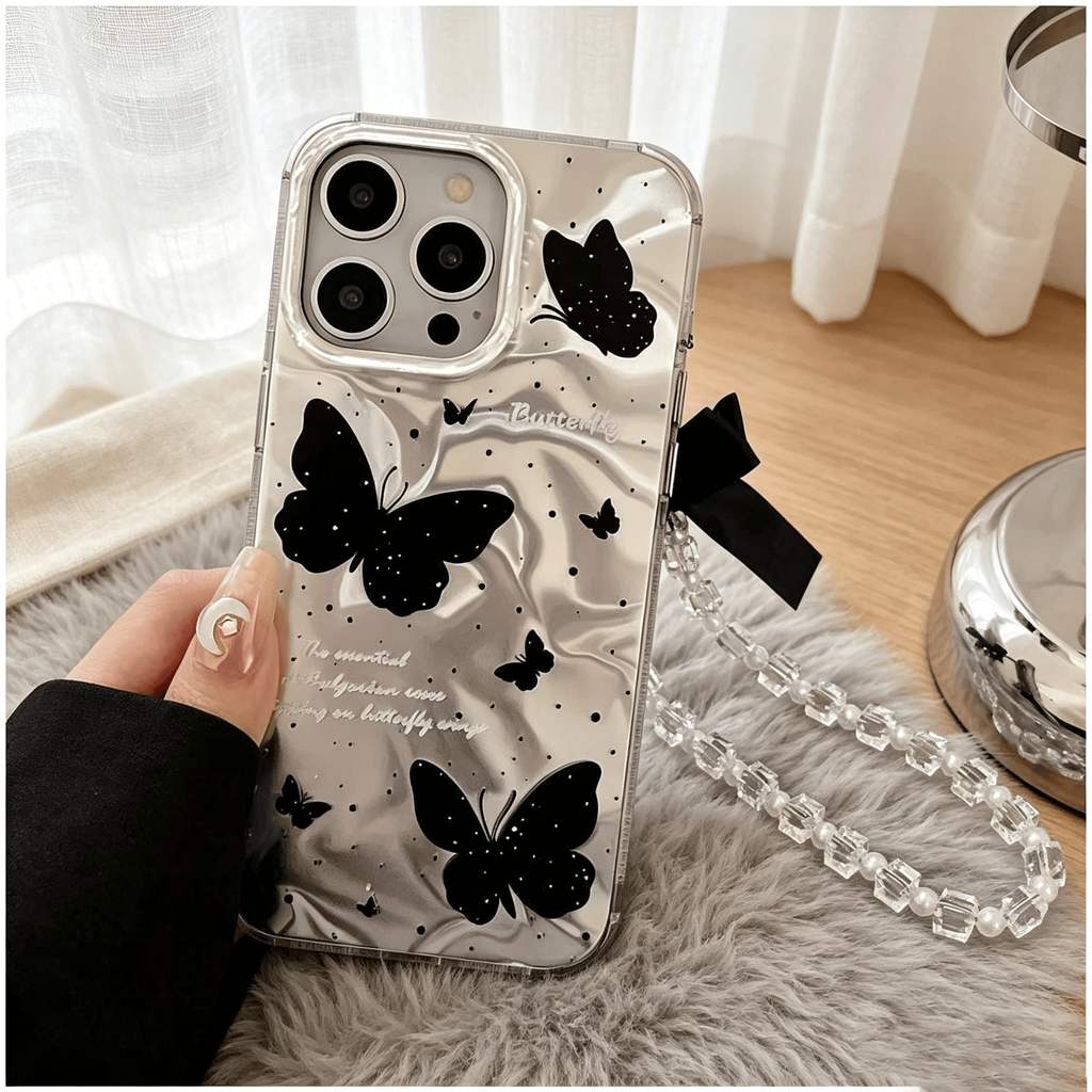 Capa de Celular MOTO G84 G54 G75 G60 G53 G35 G22 G24 G10 G14 Borboleta Preta Brilhante Laço de Cetim Anti Impacto