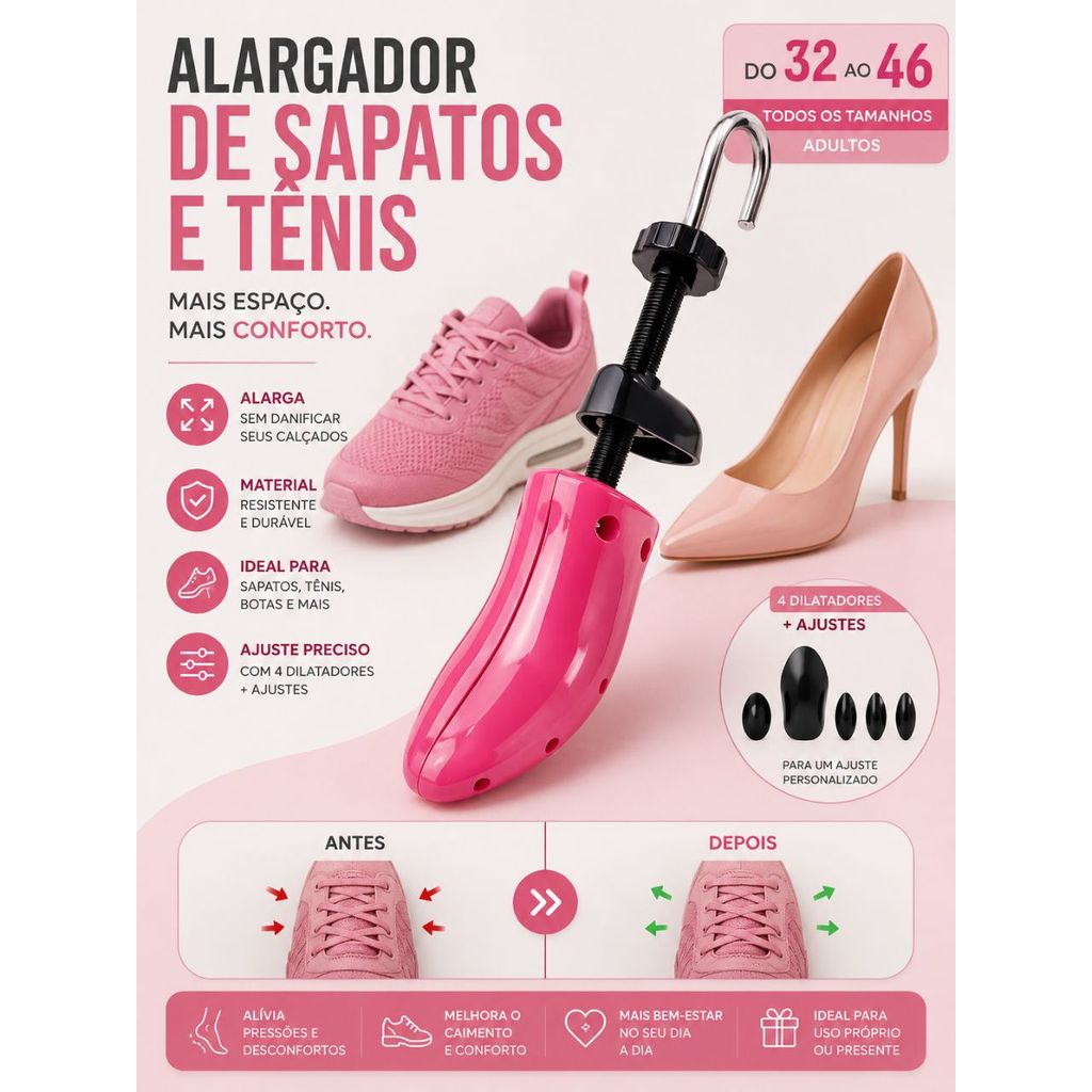 Alargador de Sapatos Ajustável Expansor de Calçados Conforto Anti Aperto