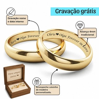 Par De Aliança Lisa Banhada A Ouro 18k Com Gravação Grátis Noivado Compromisso Casamento 4mm