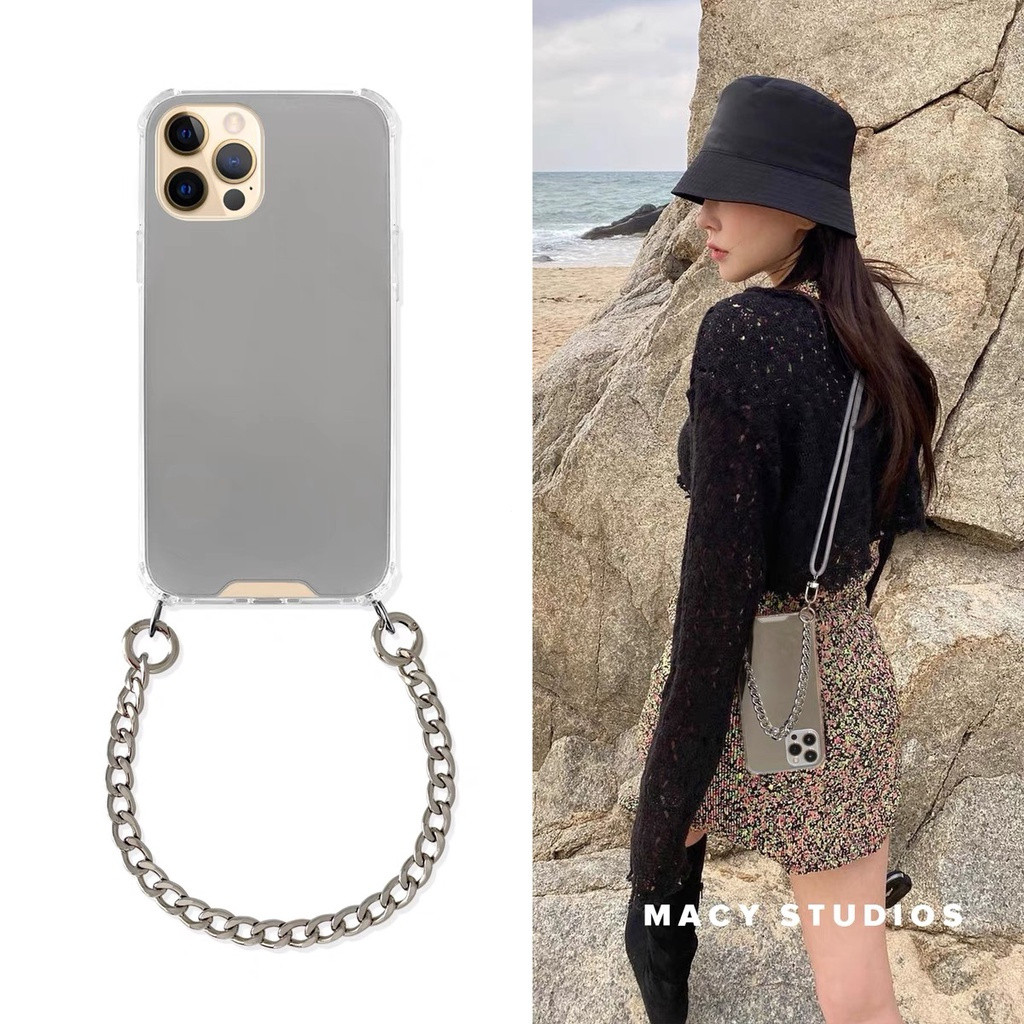 Capa com Alça de Cordão Espelhada para iPhone 17 16 15 14 13 12 11 Pro Max XR XS X 7 8 Plus SE, Capa Macia com Corrente