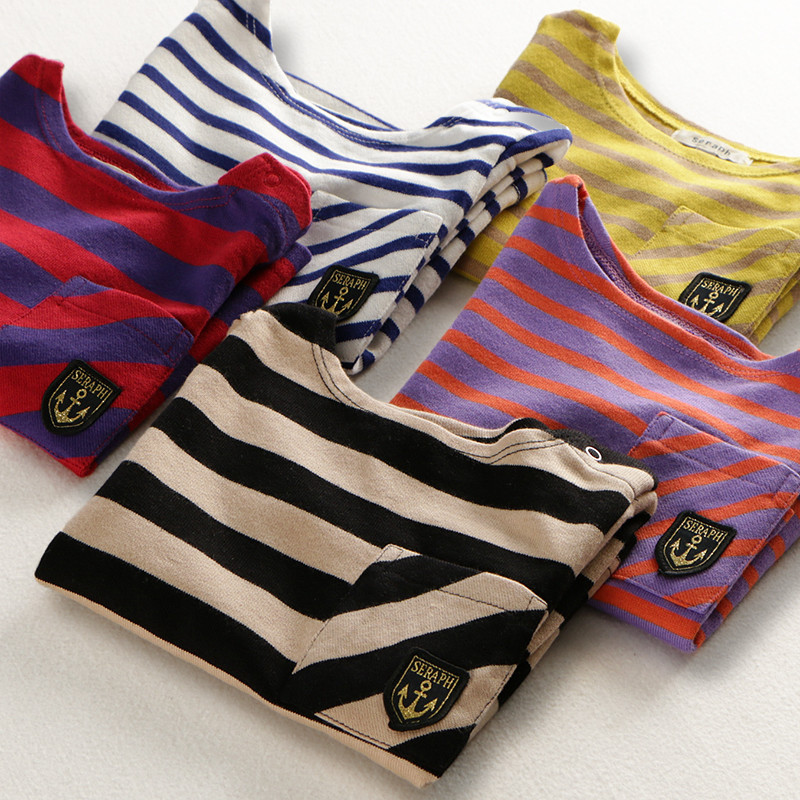 Stretch malha médio grande crianças listrado manga comprida camiseta topo meninos meninas primavera outono moletom camis