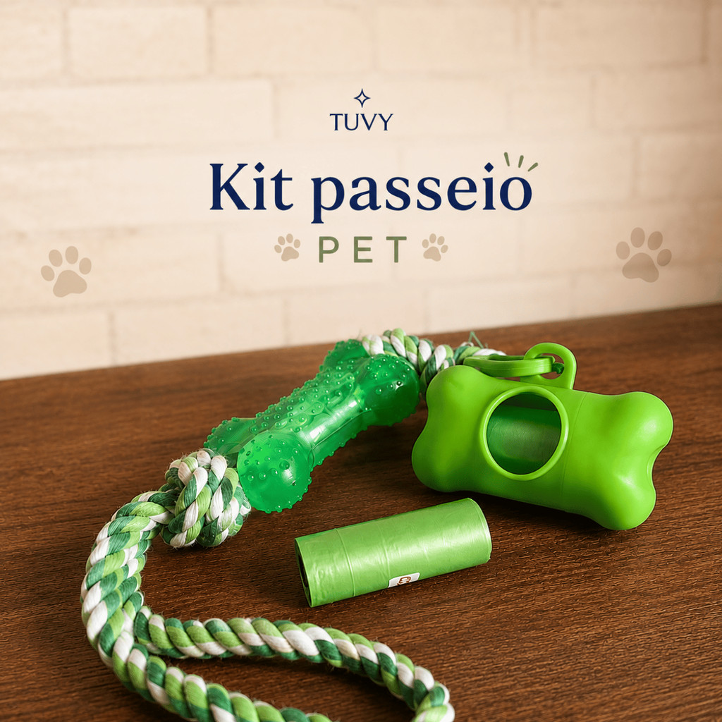 Kit Passeio Cachorro com Porta Saquinho Higiênico + Mordedor com Corda + 2 Refis Biodegradáveis Extras Pet