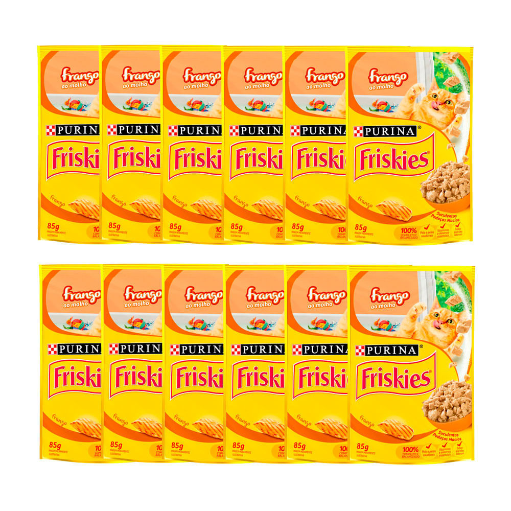 Kit 12 Ração Úmida para Gato Friskies Adulto Sabor Frango ao Molho em Sachê 85g