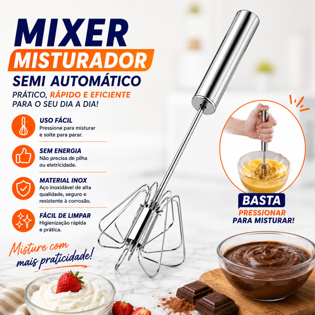 Misturador Semi Automático Inox Mixer Manual Batedor De Ovos Cremes E Massas