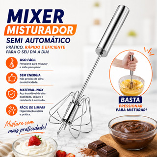 Misturador Semi Automático Inox Mixer Manual Batedor De Ovos Cremes E Massas