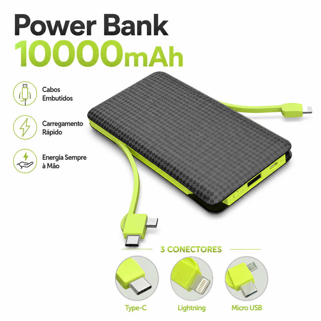 Power Bank 10000mAh Com Cabos Embutidos Tipo C Lightning Micro USB Carga Rápida
