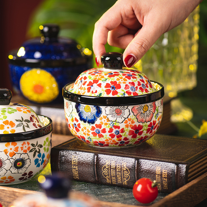2026 Novo estilo 2026 Copo de guisado pequeno de cerâmica pintado à mão Copo de sopa doméstico com tampa Pote de sopa à
