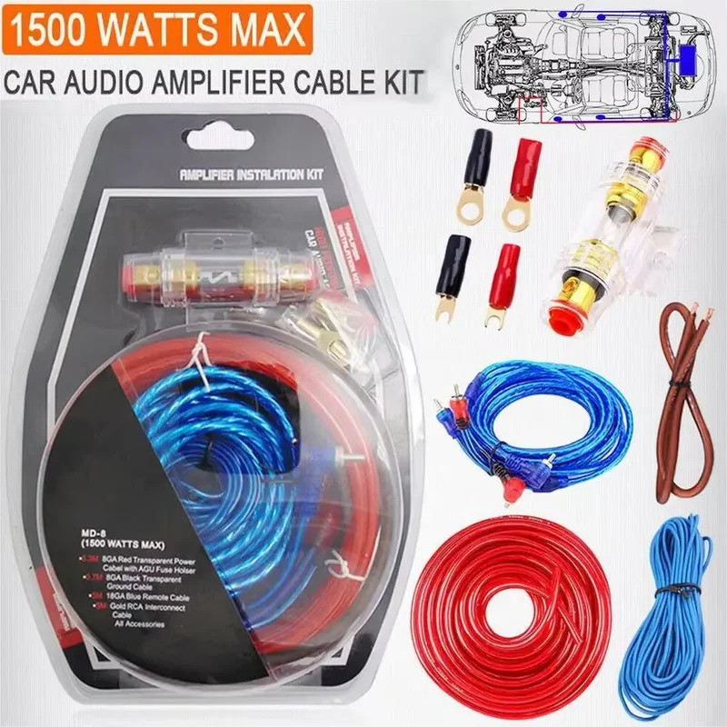 Kit De Fiação De Alto-Falantes De Áudio 1500W , 18GA RCA , Subwoofer De Carro , Amplificador De Potência , Suporte De Fu