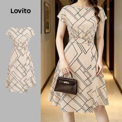 Lovito Vestido Boho com Cinto e Botões para Primavera/verão Cor Damasco para Mulheres LK6AD133