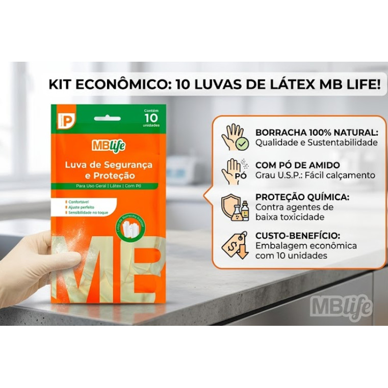 Luva de Látex C/ Pó Uso Geral com 10 Uni Tamanho P/M/G Proteção Confortável e Sensibilidade ao Toque