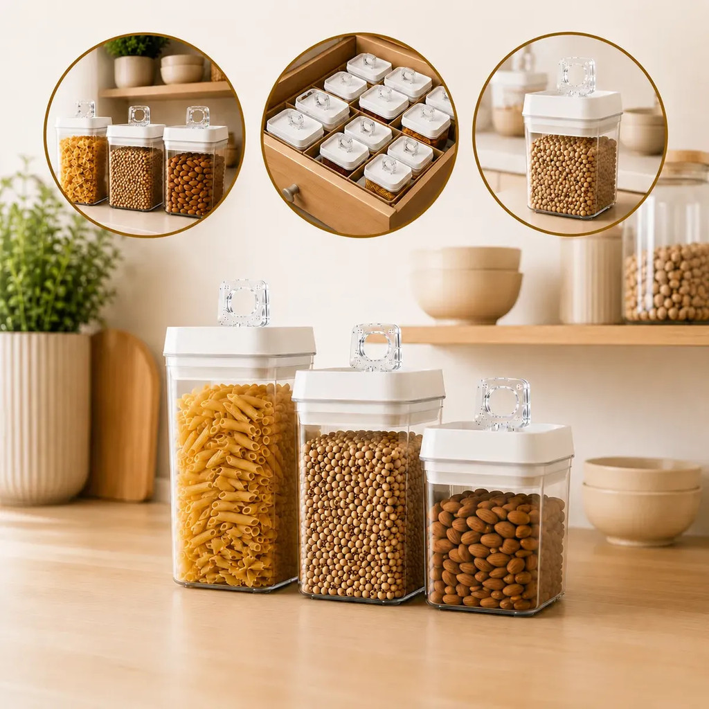 Kit 3 Potes Herméticos Crystal BPA Free Organizadores 3 em 1 Cozinha Clean Mantimentos Transparente