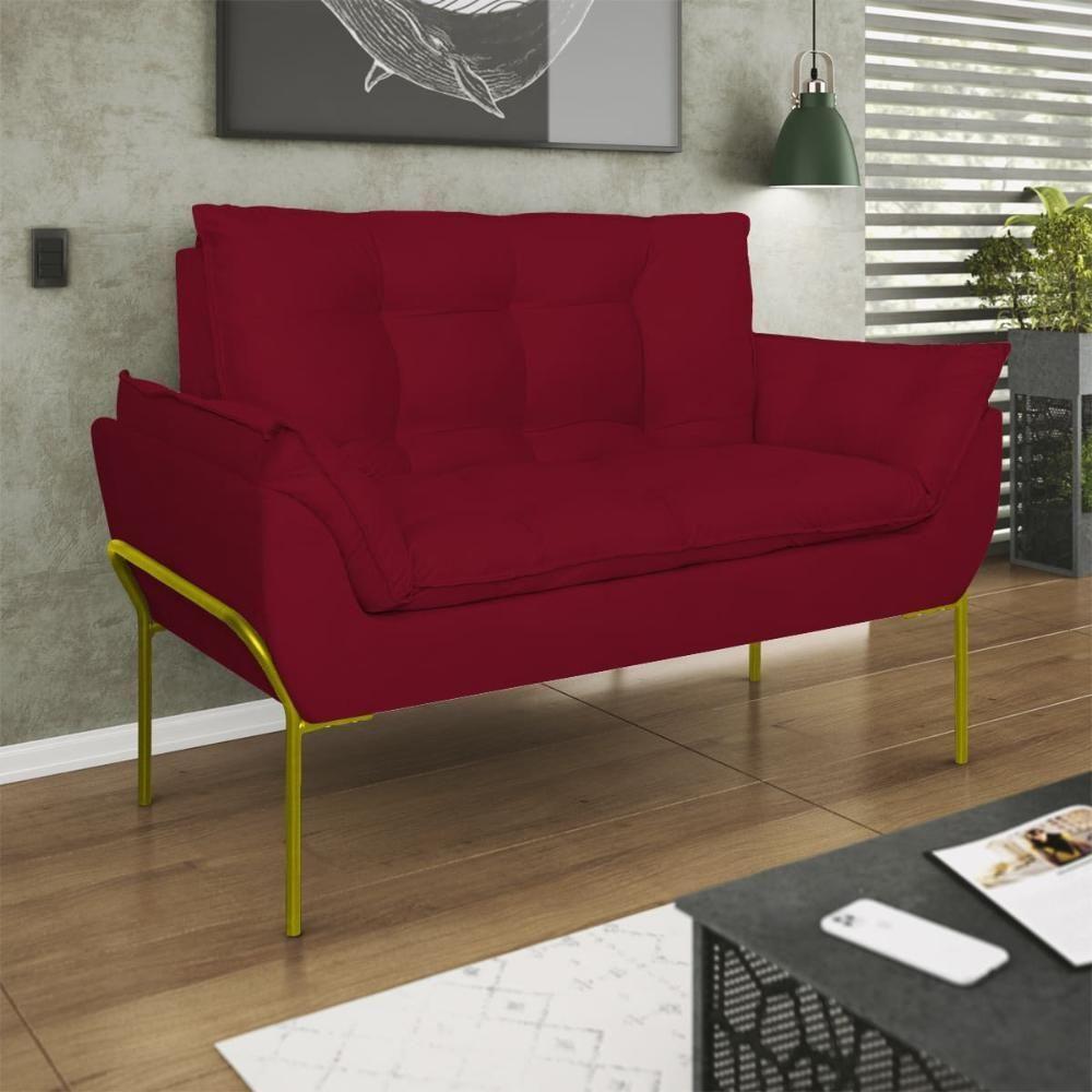 Poltrona Sofá Luxo Base Metal Dourado Recepção Escritório Vermelho