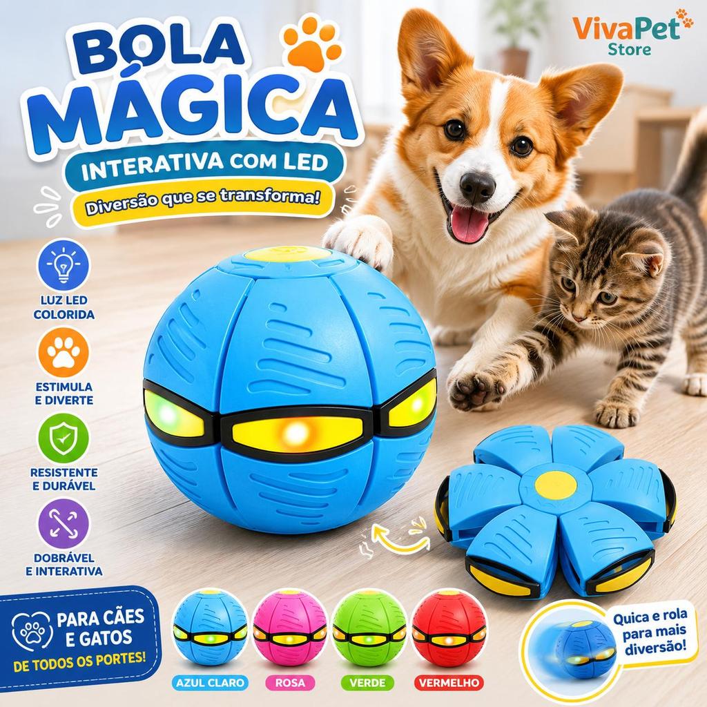 Bola Mágica Interativa para Cães e Gatos com LED | Brinquedo Dobrável Antiestresse Resistente e Divertido